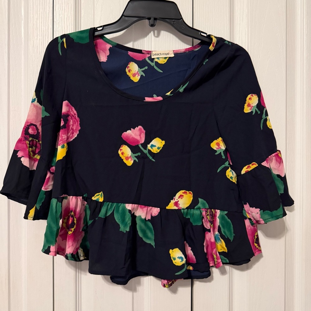 Peach Love California Navy Floral Ruffle Peplum Blouse